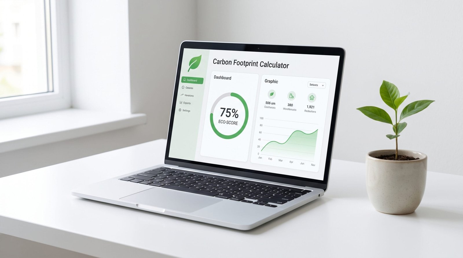 Business Carbon Footprint Calculator dashboard on laptop screen with eco friendly theme