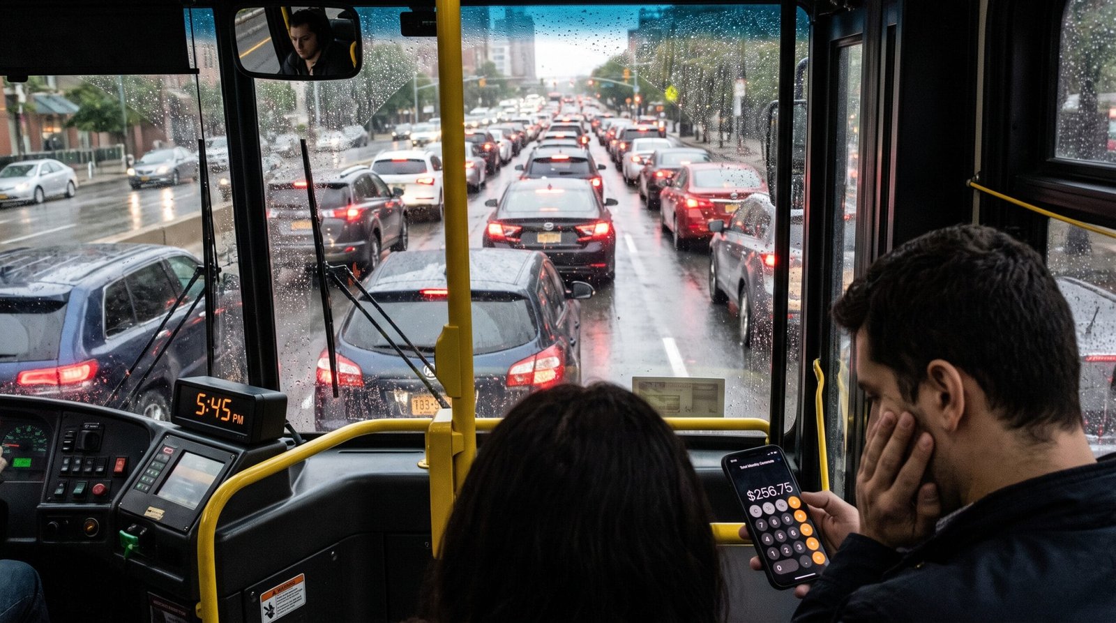 Heavy rush hour traffic jam on a highway with an overhead sign displaying Commute Cost Calculator.