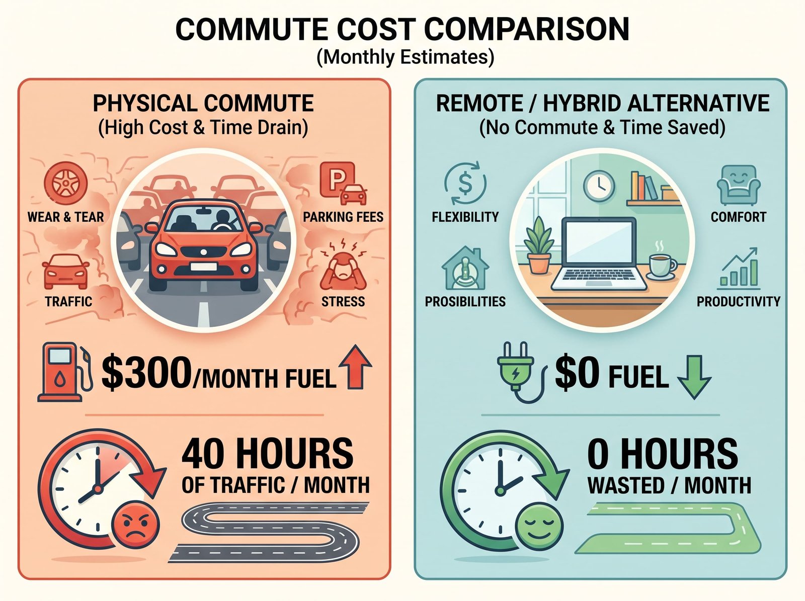 Vector illustration comparing car commute costs and savings with charts and a Commute Cost Calculator sign