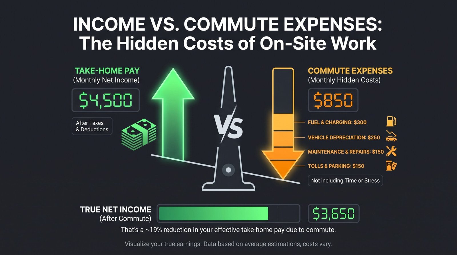 Vector illustration comparing car commute costs and savings with charts and a Commute Cost Calculator sign