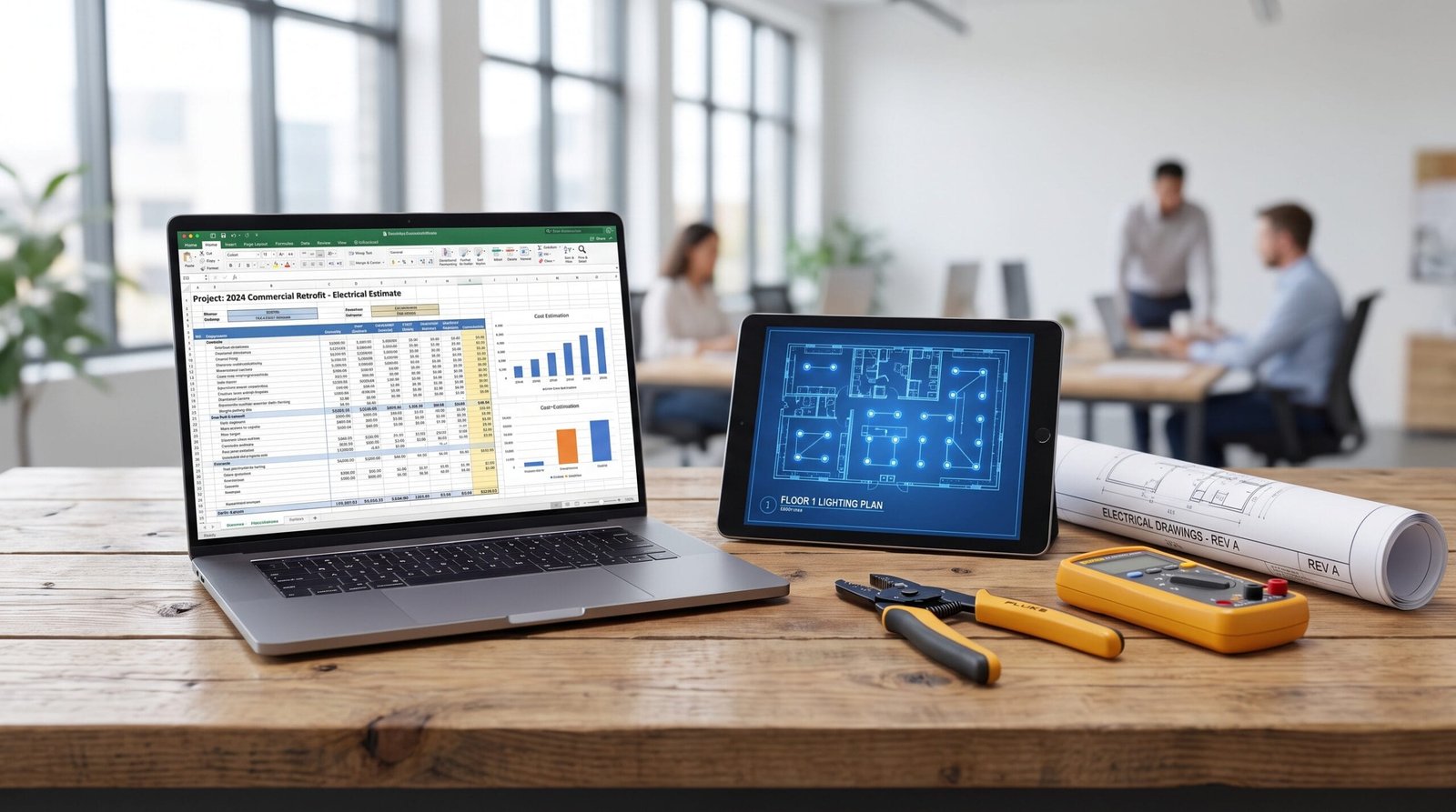 An electrical estimator's workspace featuring a laptop with a cost estimation spreadsheet, a tablet showing a wiring layout, blueprints, and tools on a wooden desk.