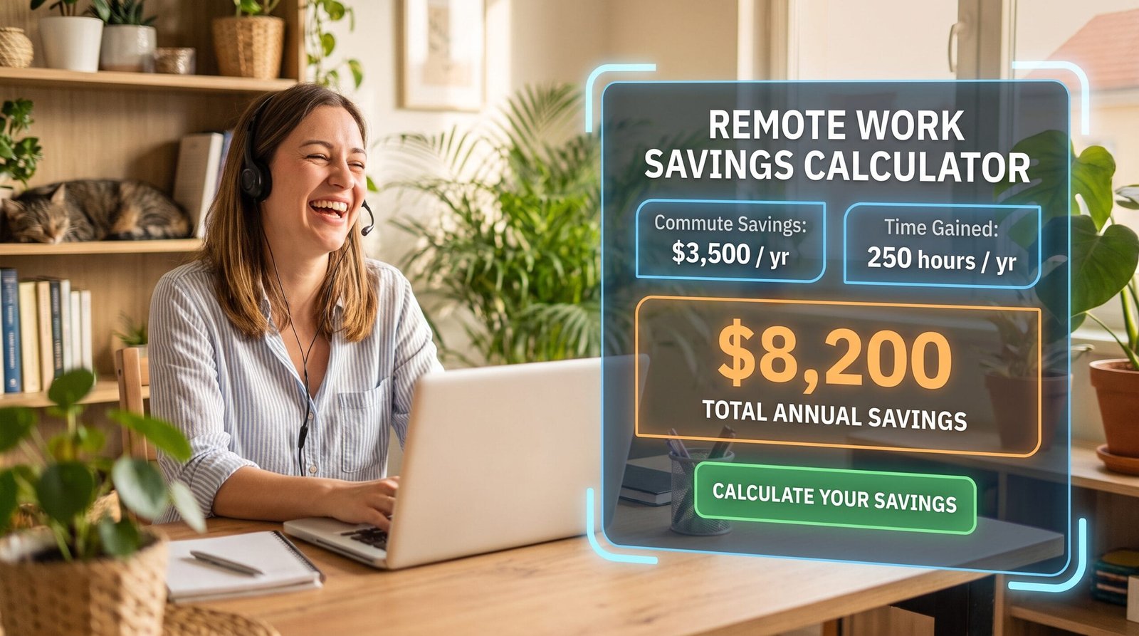 Remote work calculator blog post featured image showing home office savings.