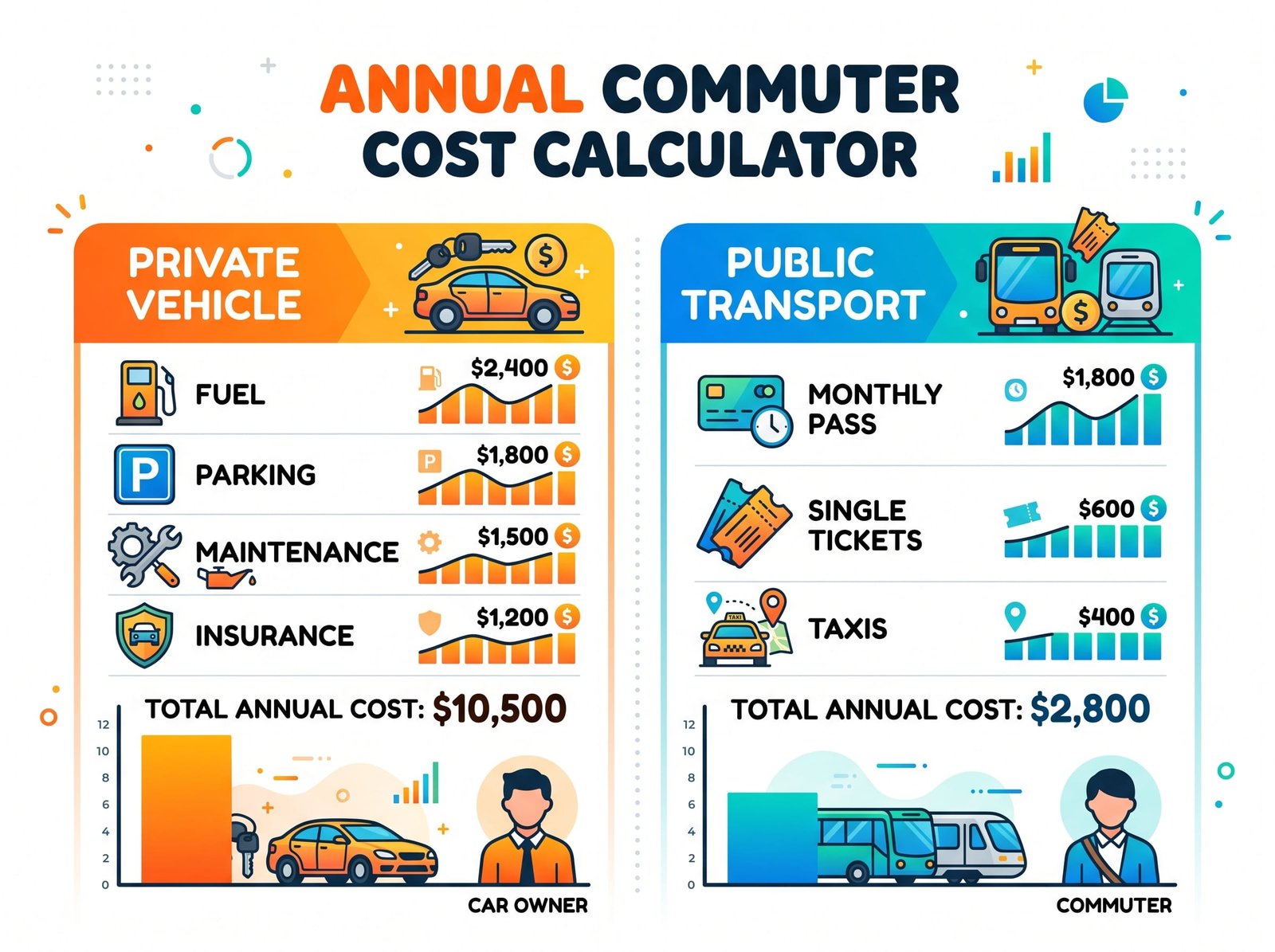 Infographic comparing annual commute costs calculator between private vehicle and public transport