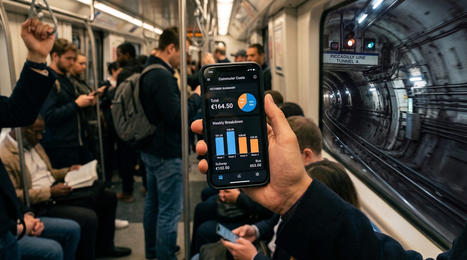 Young woman using a smartphone in a subway train checking annual commute cost calculator app