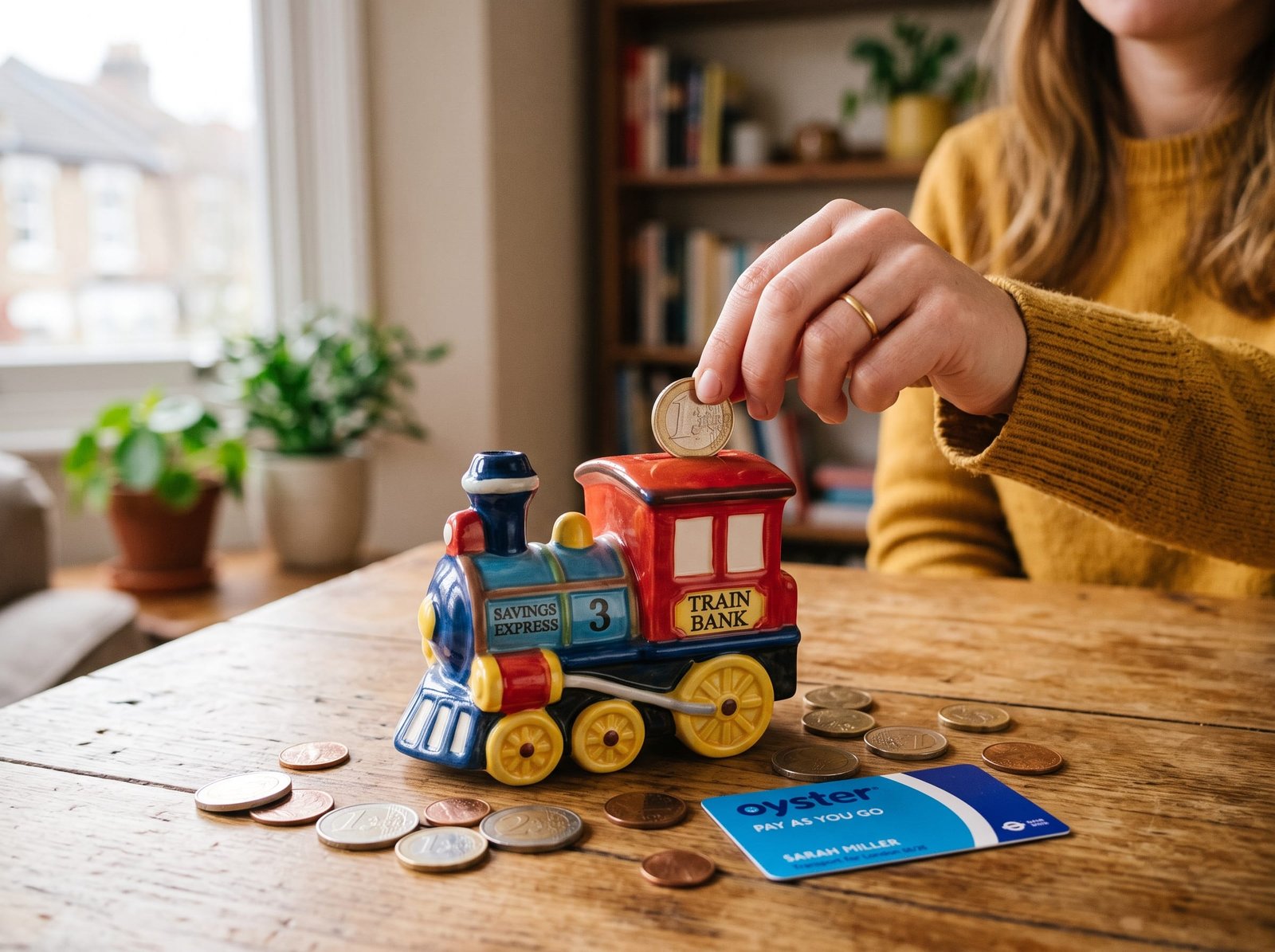 Person putting money into a train-shaped piggy bank next to a public transit card, symbolizing annual commute cost savings