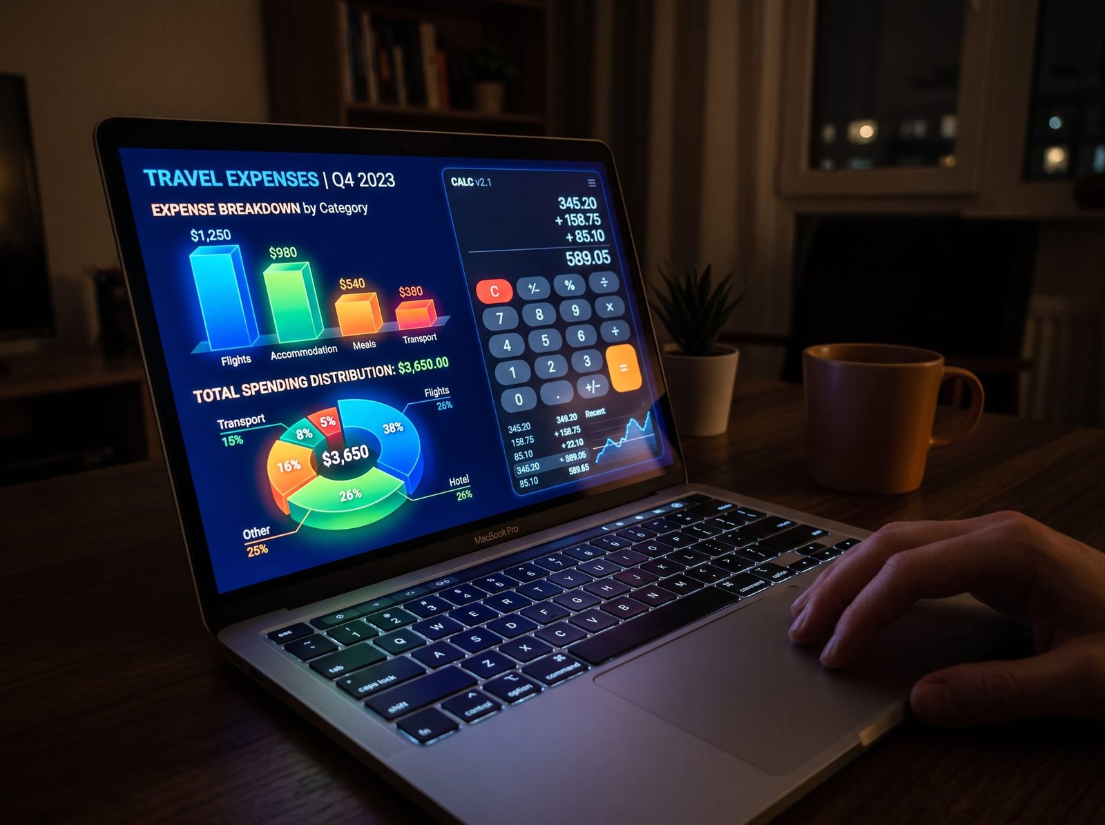Digital calculator interface and 3D pie chart of travel expenses displayed on a laptop screen