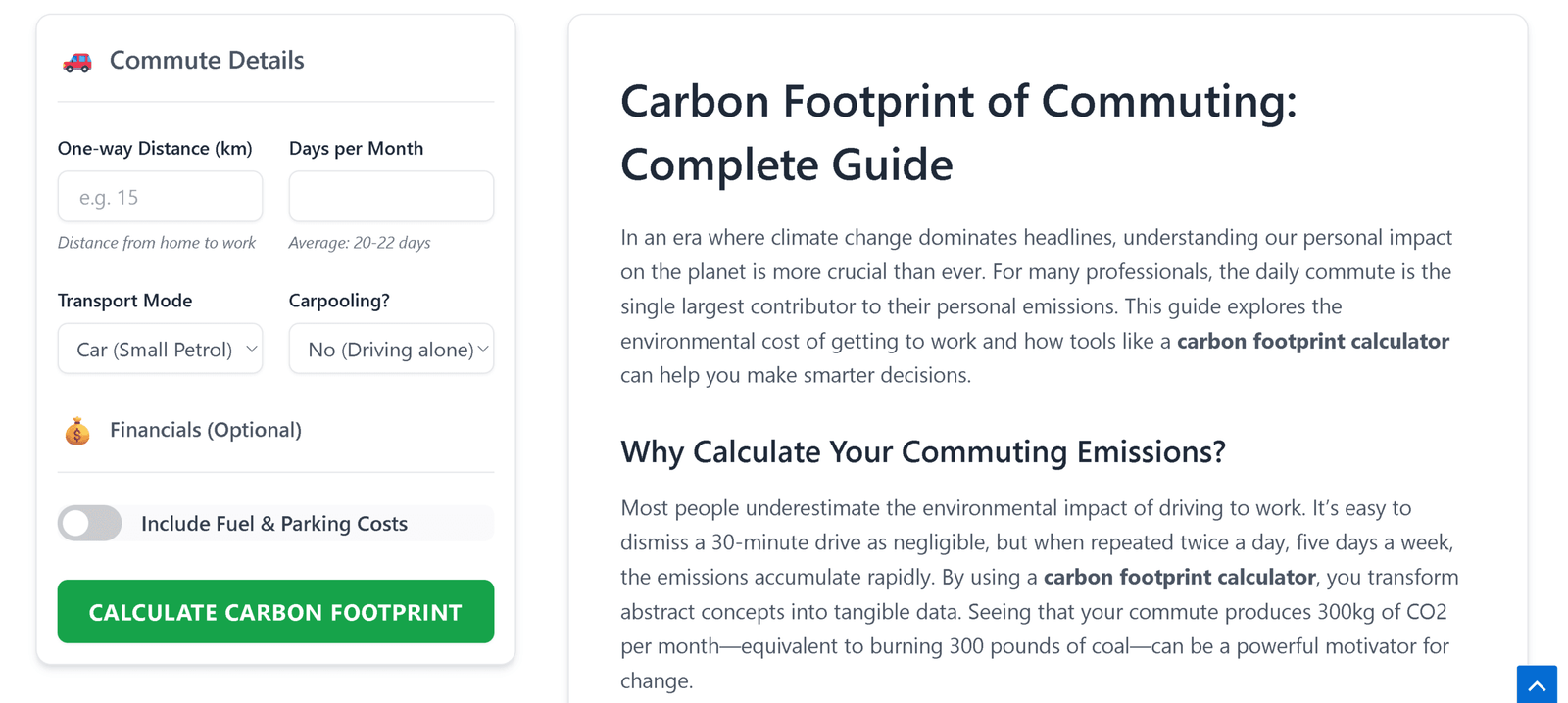 Mobile interface of Business Carbon Footprint Calculator app showing green score