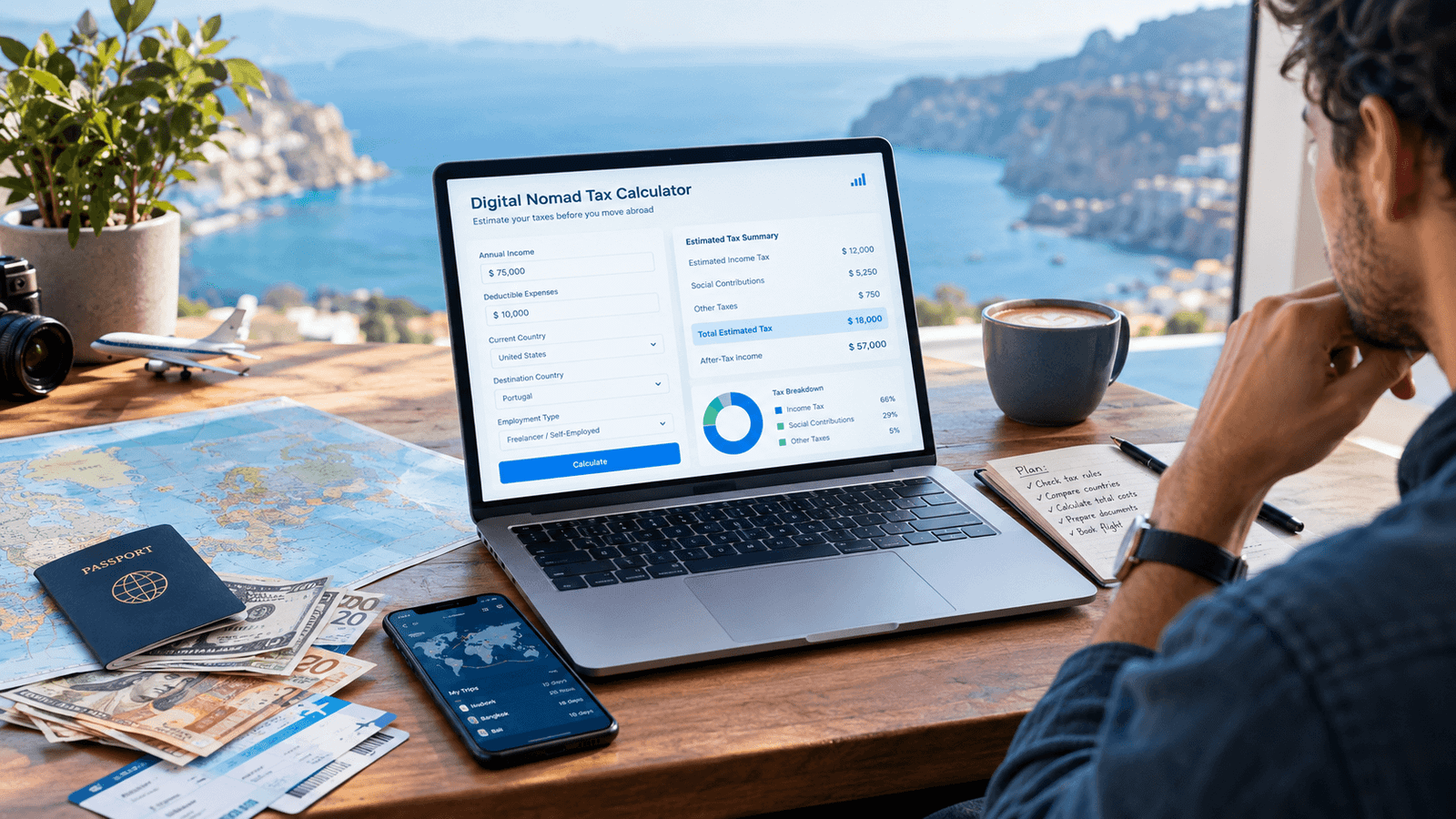 Show a laptop displaying a clean tax calculation interface with income, deductible expenses, estimated tax, and after-tax income figures. Around the laptop, subtly incorporate a passport, international currency, airplane ticket, world map, and smartphone to communicate working and living abroad. A digital nomad is sitting nearby and reviewing the numbers before moving overseas.