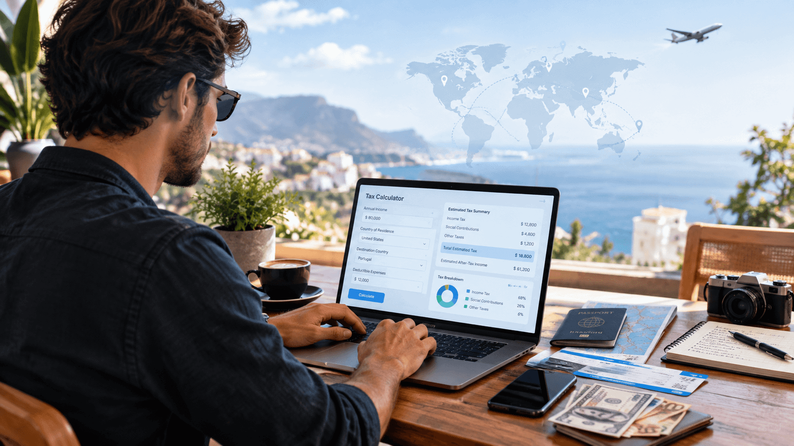 How to Calculate Digital Nomad Taxes Before Moving Abroad.” Show a modern digital nomad working on a laptop at a stylish café table, with a subtle world map, airplane/travel elements, and a professional tax calculator dashboard visible on the laptop screen. Include tasteful visual elements representing income, taxes, currency, and international travel.