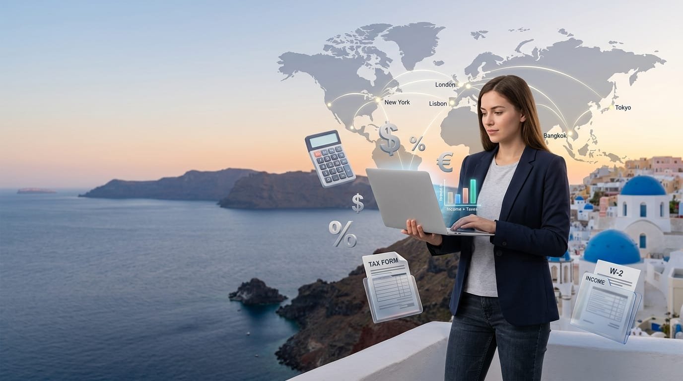 Show a remote worker with a laptop standing in a beautiful international destination, with a subtle transparent world map behind them connecting multiple countries. Integrate floating but realistic visual symbols for tax calculation: calculator, dollar and euro currency symbols, percentage signs, income chart, and tax documents. The overall concept should communicate “calculate your taxes before moving abroad.”