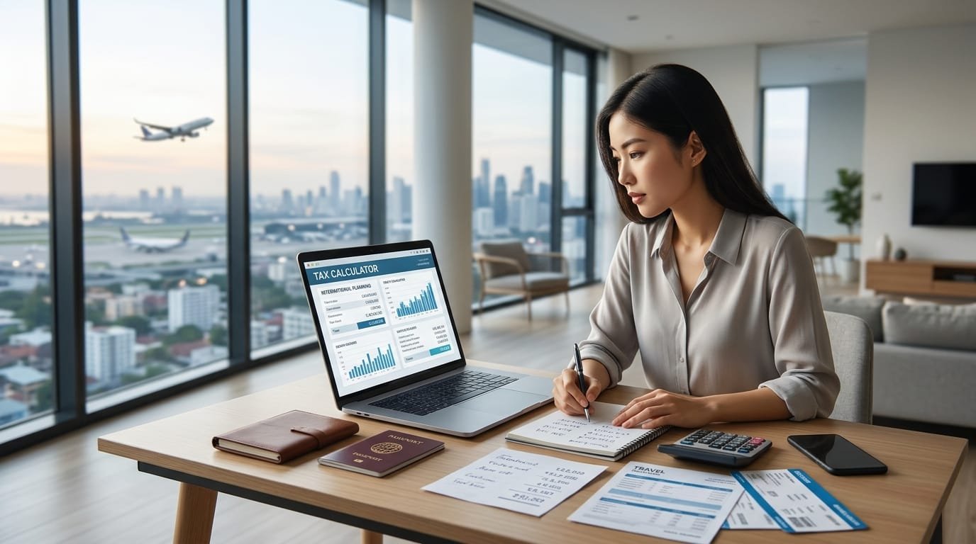 A young professional digital nomad is working remotely on a laptop at a bright modern apartment overlooking an international city, while carefully reviewing a digital tax calculator on the screen. On the desk are a passport, smartphone, calculator, notebook with financial calculations, and a few travel documents. Through the window, subtly show an airport skyline or distant airplane to suggest international relocation.